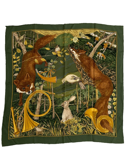 Foulard HERMES Chasse au Bois en soie vert foncé