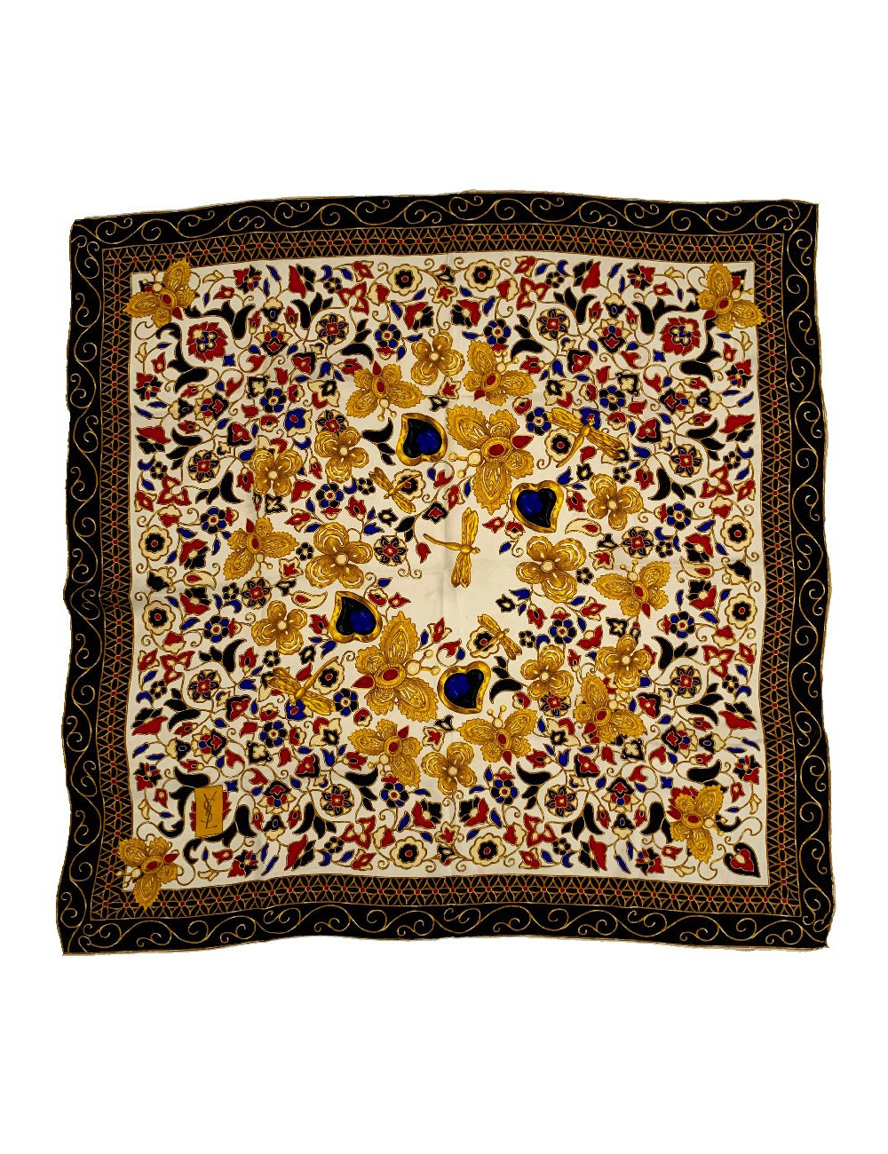 Carré de soie YVES SAINT LAURENT noir, or et beige