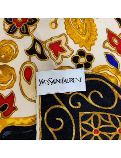 Carré de soie YVES SAINT LAURENT noir, or et beige