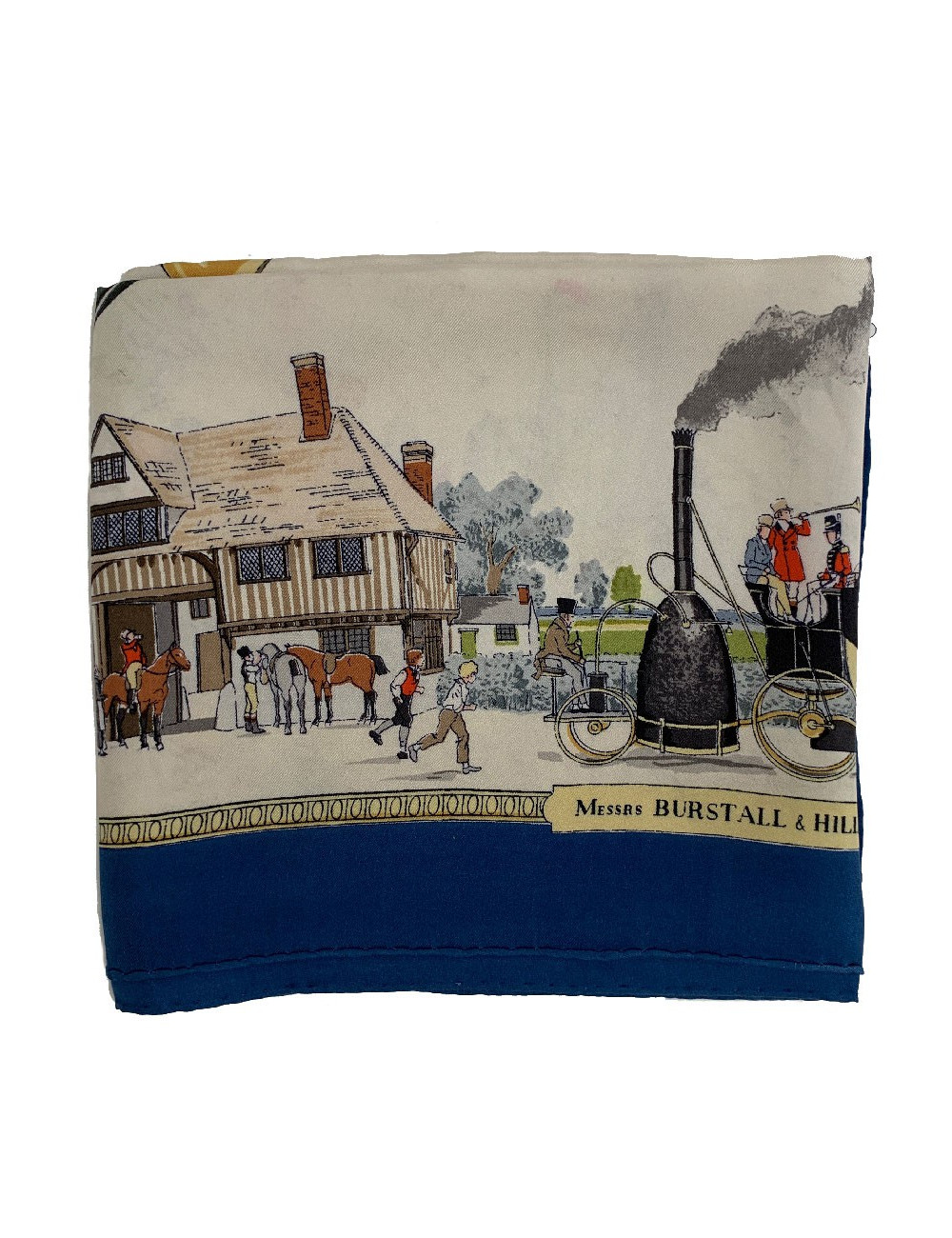 Foulard HERMES "Les merveilles de la vapeur" en soie bleue et beige