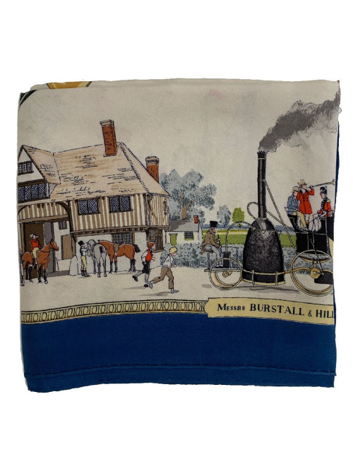 Foulard HERMES "Les merveilles de la vapeur" en soie bleue et beige