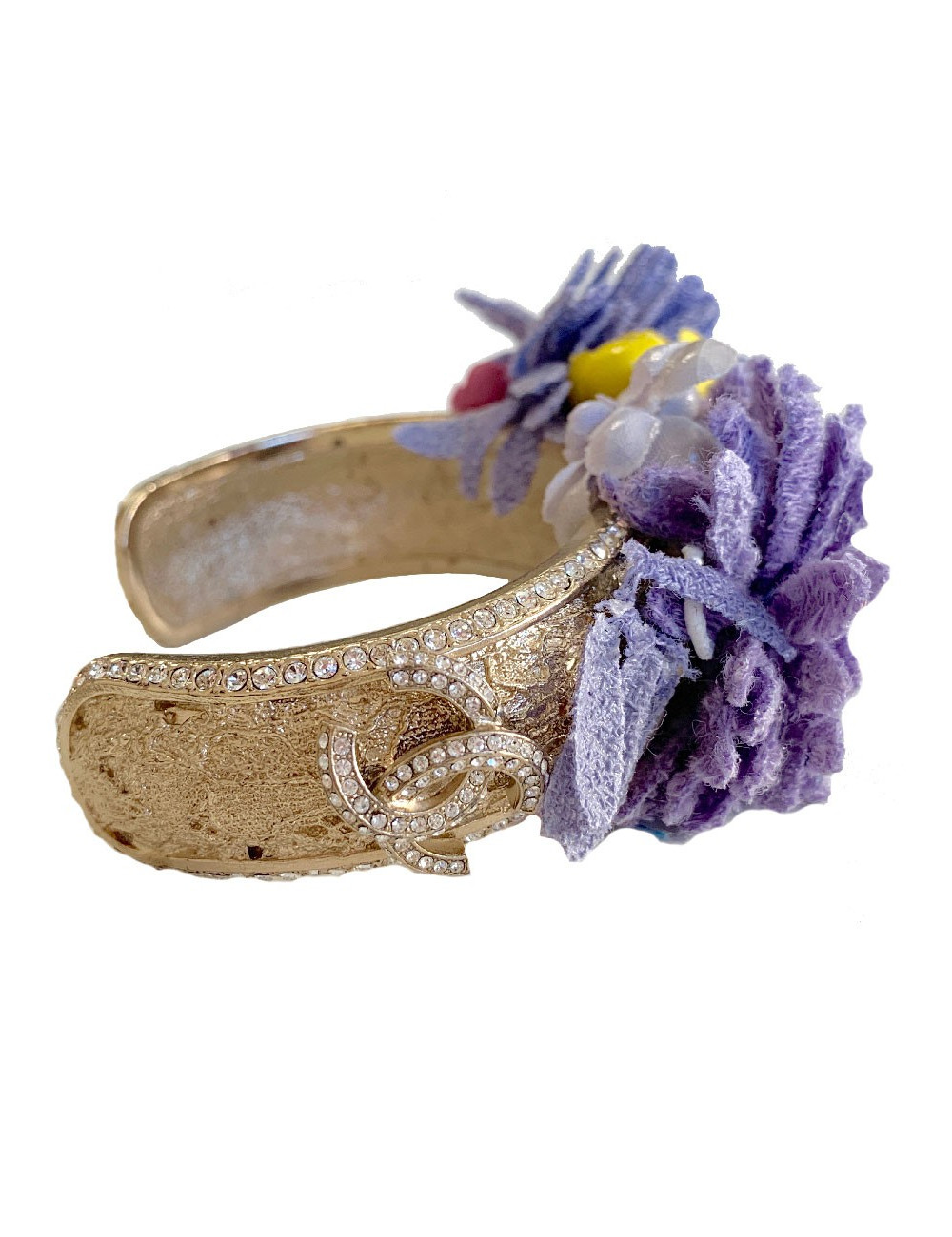 Bracelet CHANEL fleur en métal doré et tissu