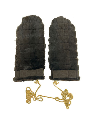 CHANEL brown fur and gilded chain mittens
