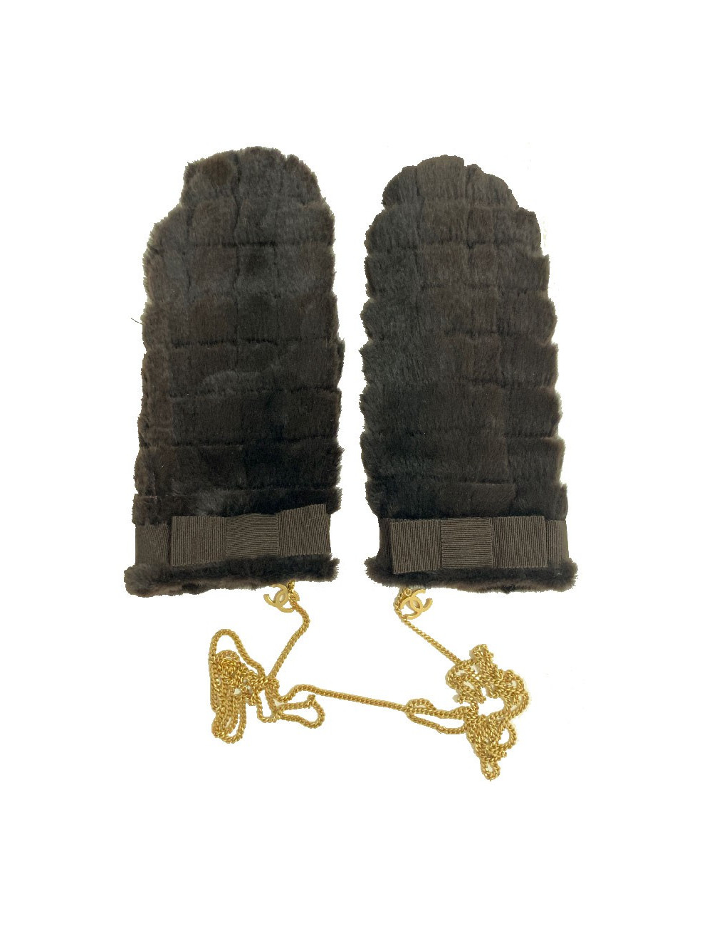 CHANEL brown fur and gilded chain mittens