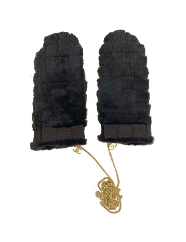 CHANEL brown fur and gilded chain mittens 2