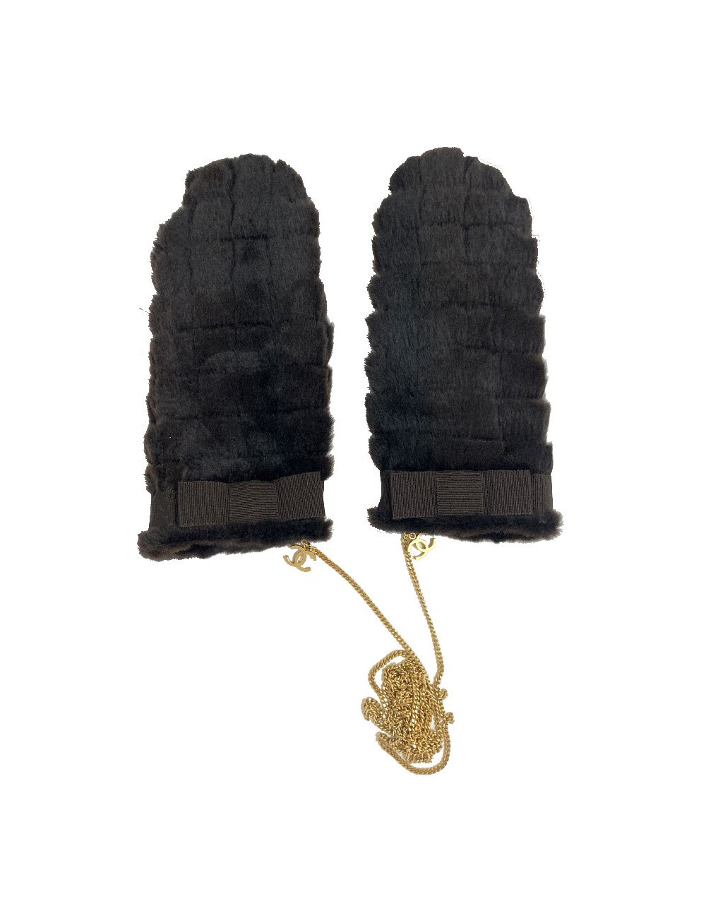 CHANEL brown fur and gilded chain mittens