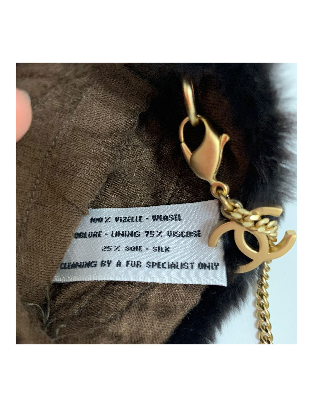 CHANEL brown fur and gilded chain mittens