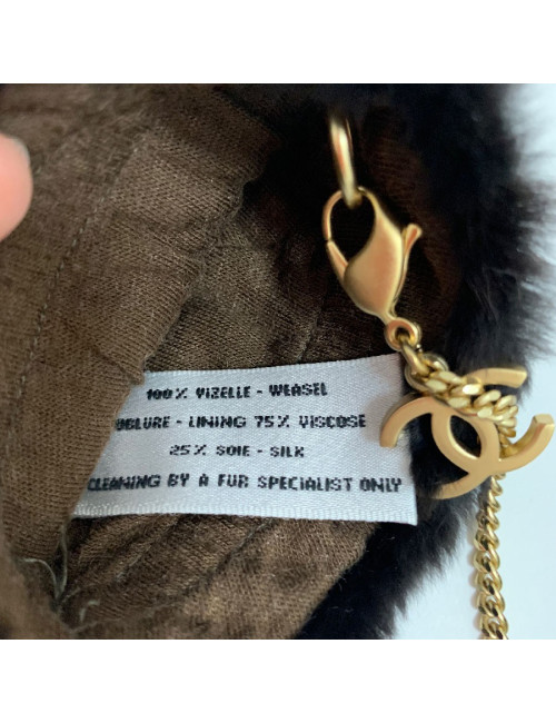 CHANEL brown fur and gilded chain mittens