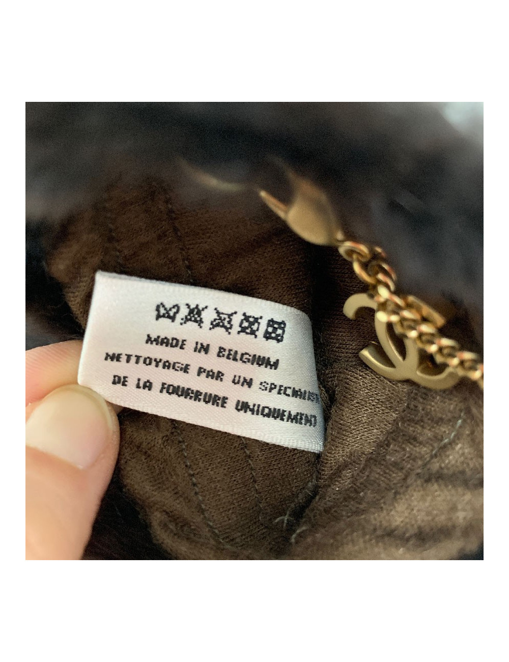 CHANEL brown fur and gilded chain mittens