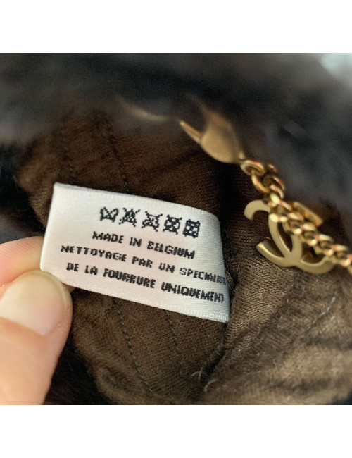 CHANEL brown fur and gilded chain mittens