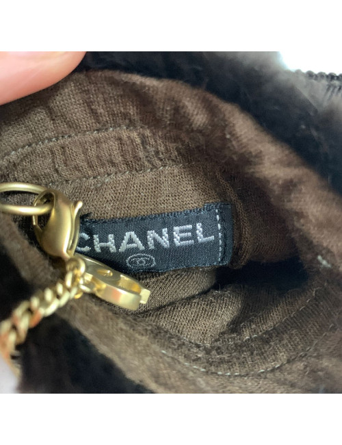 CHANEL brown fur and gilded chain mittens