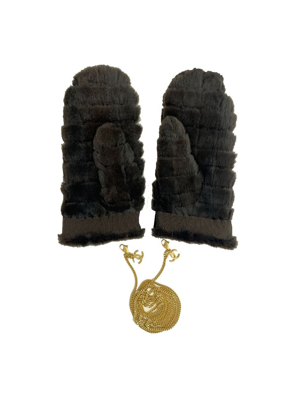 CHANEL brown fur and gilded chain mittens
