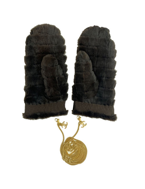 CHANEL brown fur and gilded chain mittens