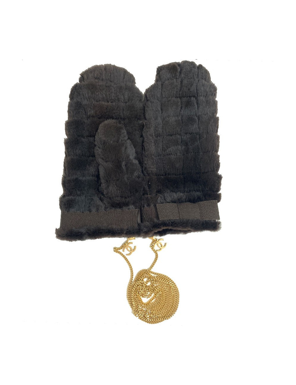 CHANEL brown fur and gilded chain mittens