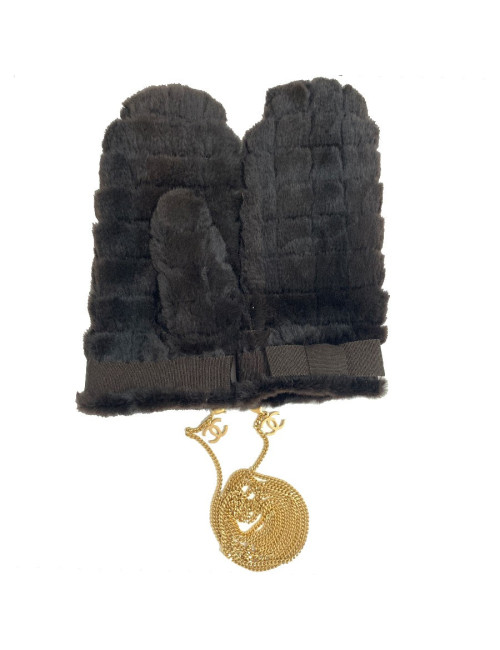 CHANEL brown fur and gilded chain mittens