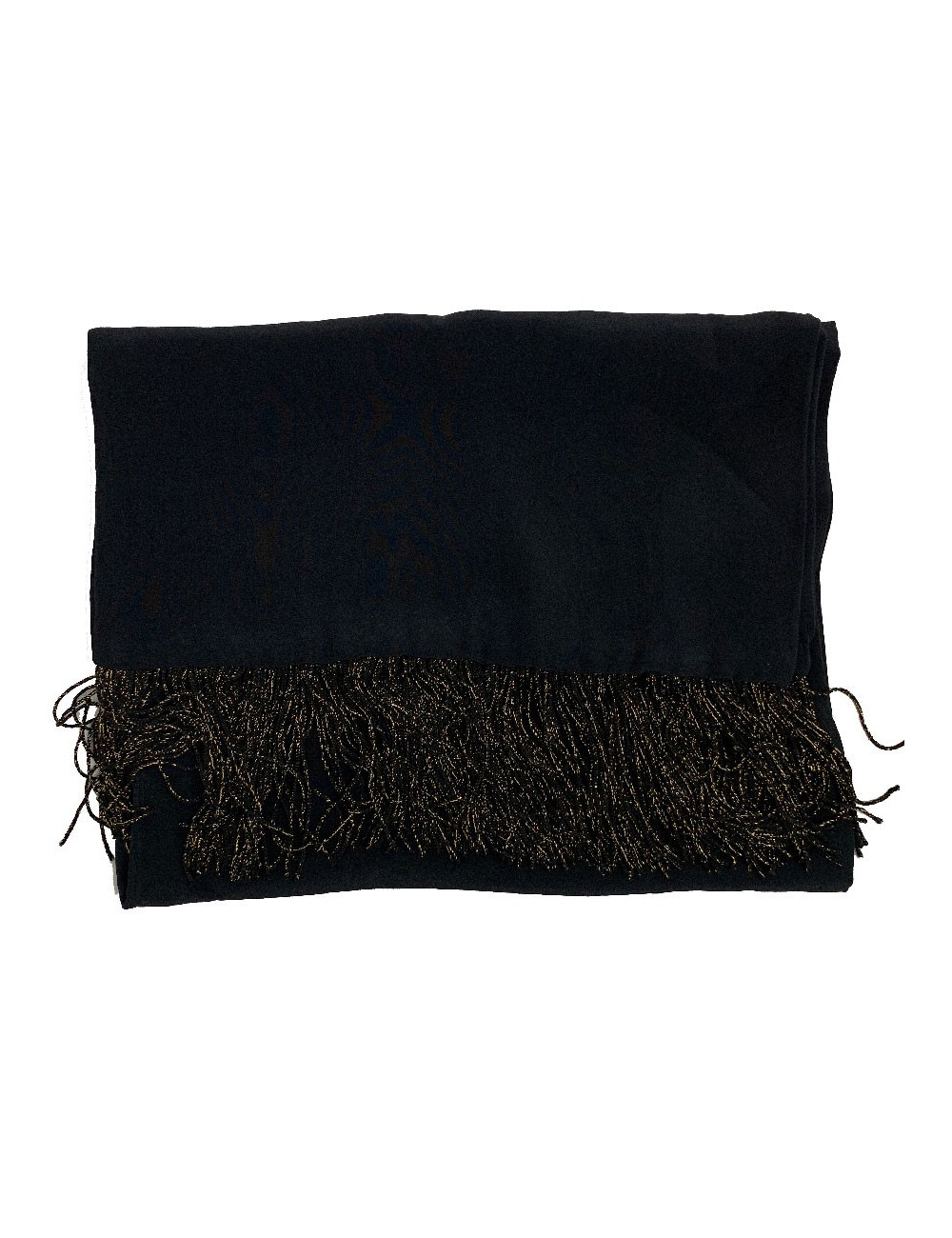 Echarpe YVES SAINT LAURENT noire vintage en soie et franges noires et dorées