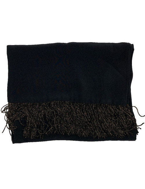 Echarpe YVES SAINT LAURENT vintage soie noire à franges dorées et noires