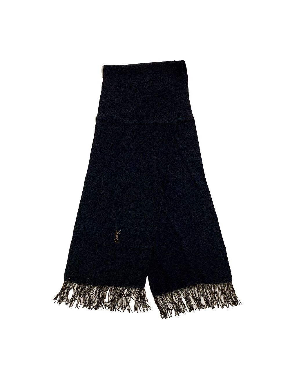 Echarpe YVES SAINT LAURENT noire vintage en soie et franges noires et dorées
