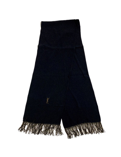 Echarpe YVES SAINT LAURENT noire vintage en soie et franges noires et dorées