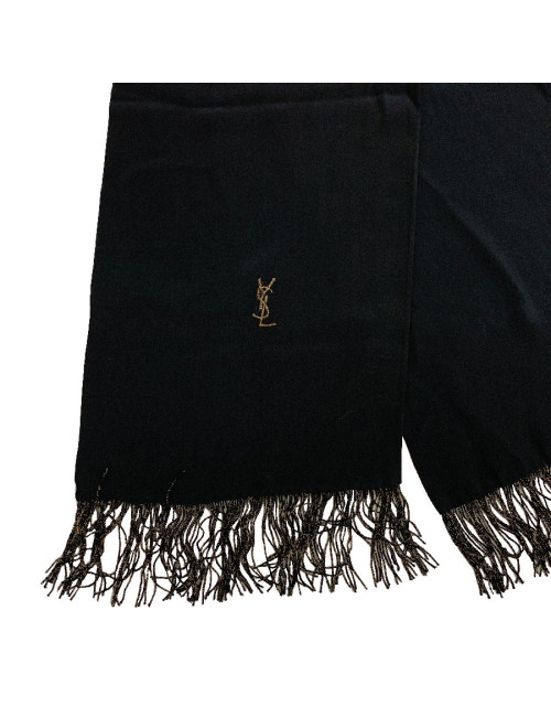 Echarpe YVES SAINT LAURENT noire vintage en soie et franges noires et dorées