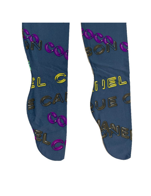 Collant CHANEL lycra opaque bleu à logos coco 