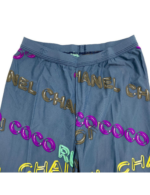 Collant CHANEL lycra opaque bleu à logos coco 
