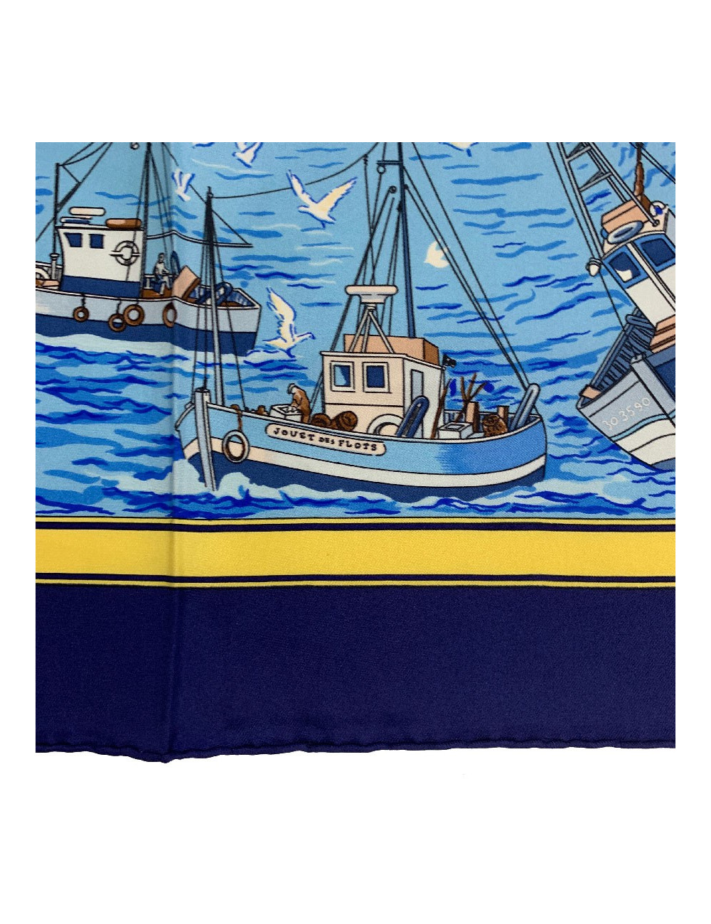 Foulard soie HERMES 'Retour de Pêche' en soie bleue