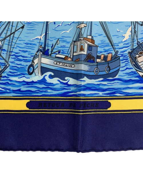 Foulard soie HERMES 'Retour de Pêche' en soie bleue