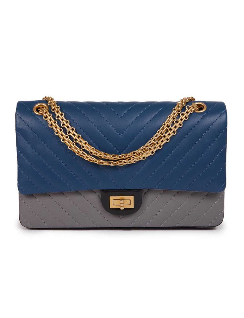 Sac CHANEL 2.55 chevron cuir tricolore bleu gris noir