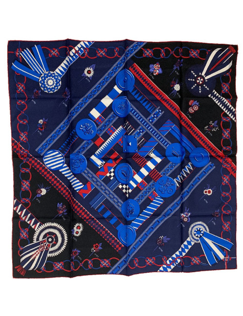 Carré 90 HERMES Flots, Fleurs et Frontaux en soie marine