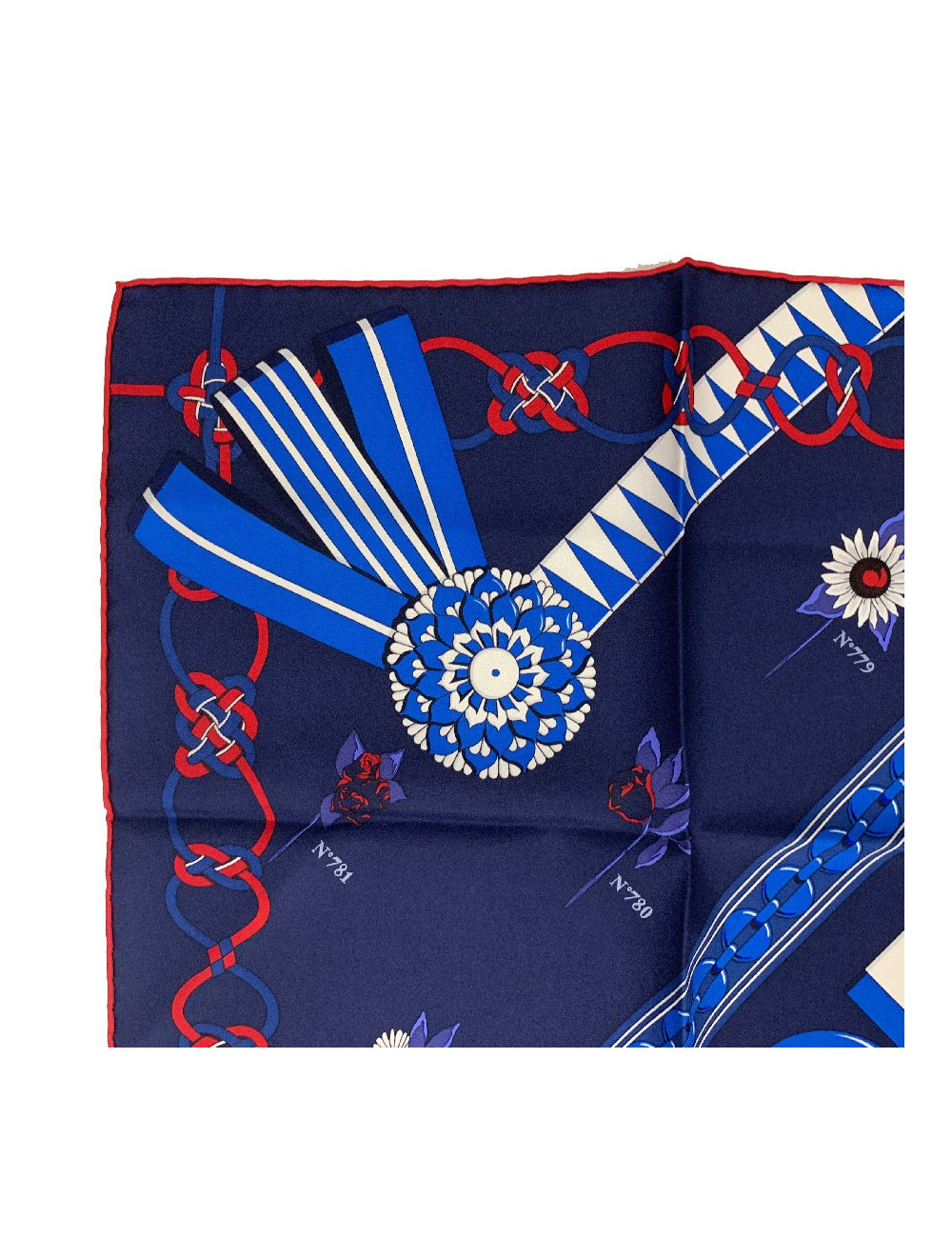 Carré 90 HERMES Flots, Fleurs et Frontaux en soie marine