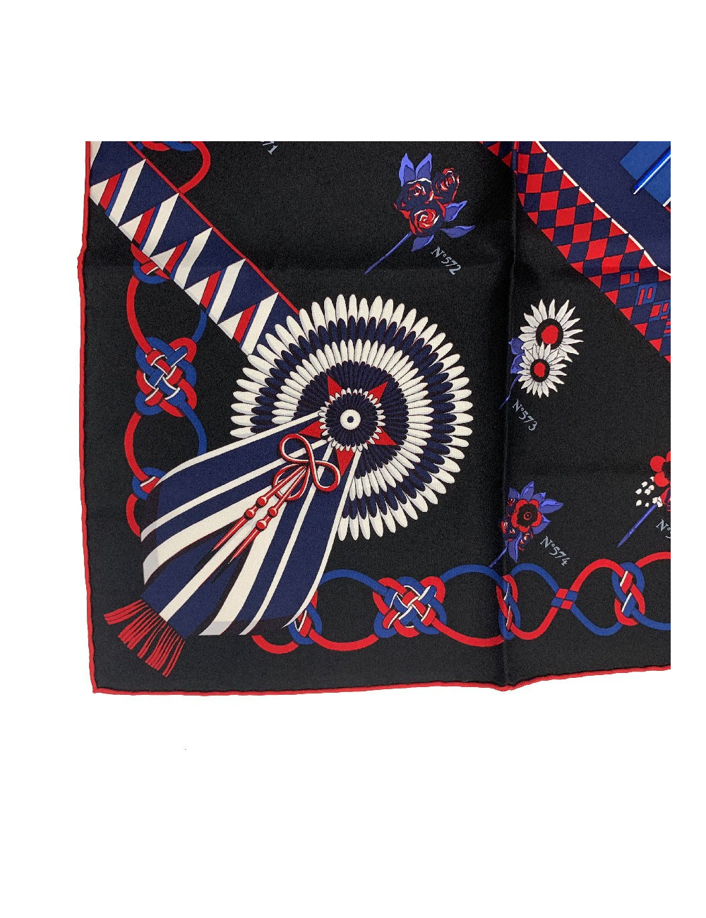 Carré 90 HERMES Flots, Fleurs et Frontaux en soie marine