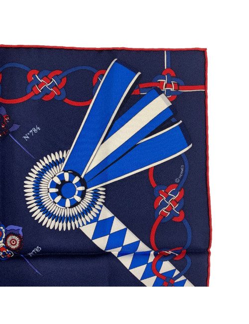 Carré 90 HERMES Flots, Fleurs et Frontaux en soie marine