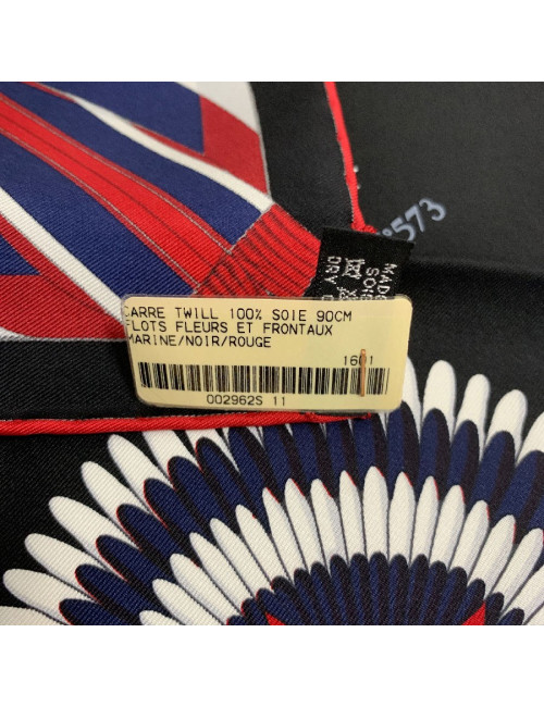 Carré 90 HERMES Flots, Fleurs et Frontaux en soie marine