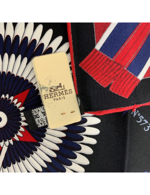 Carré 90 HERMES Flots, Fleurs et Frontaux en soie marine
