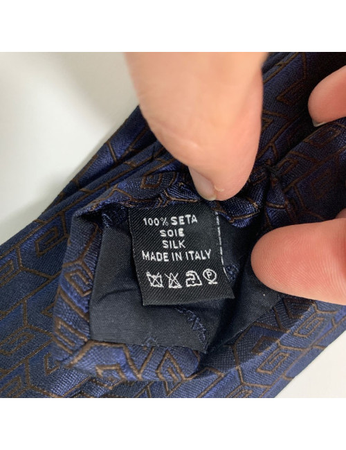 Cravate VERSACE 100% soie bleue motifs VERSACE marrons