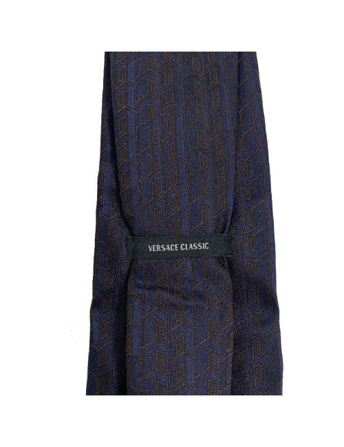 Cravate VERSACE 100% soie bleue motifs VERSACE marrons