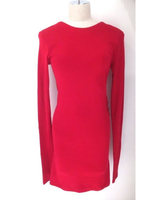 Dress BALMAIN red cotton jersey Halter, pearls and rhinestones