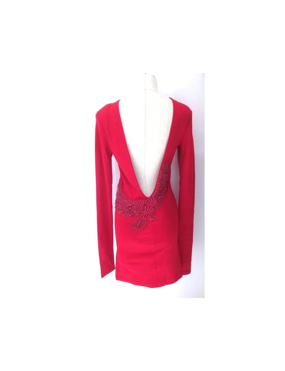 Dress BALMAIN red cotton jersey Halter, pearls and rhinestones