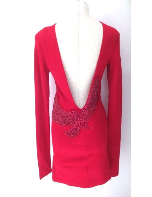 Dress BALMAIN red cotton jersey Halter, pearls and rhinestones