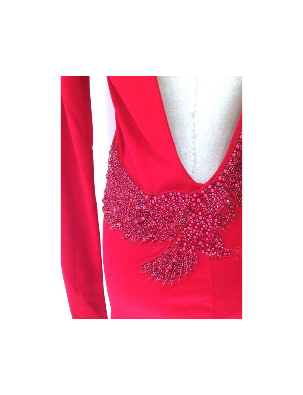 Robe BALMAIN dos nu en jersey coton rouge, perles et strass