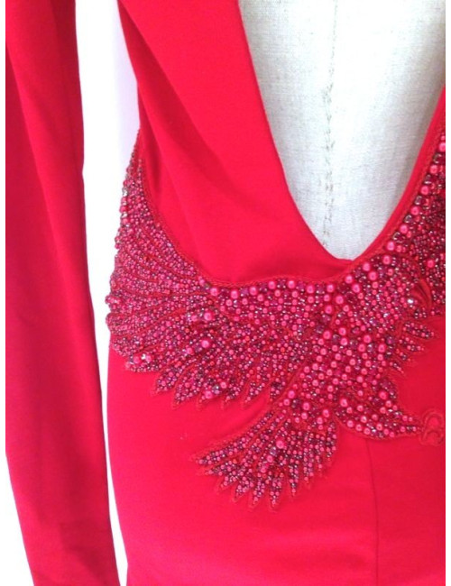 Dress BALMAIN red cotton jersey Halter, pearls and rhinestones