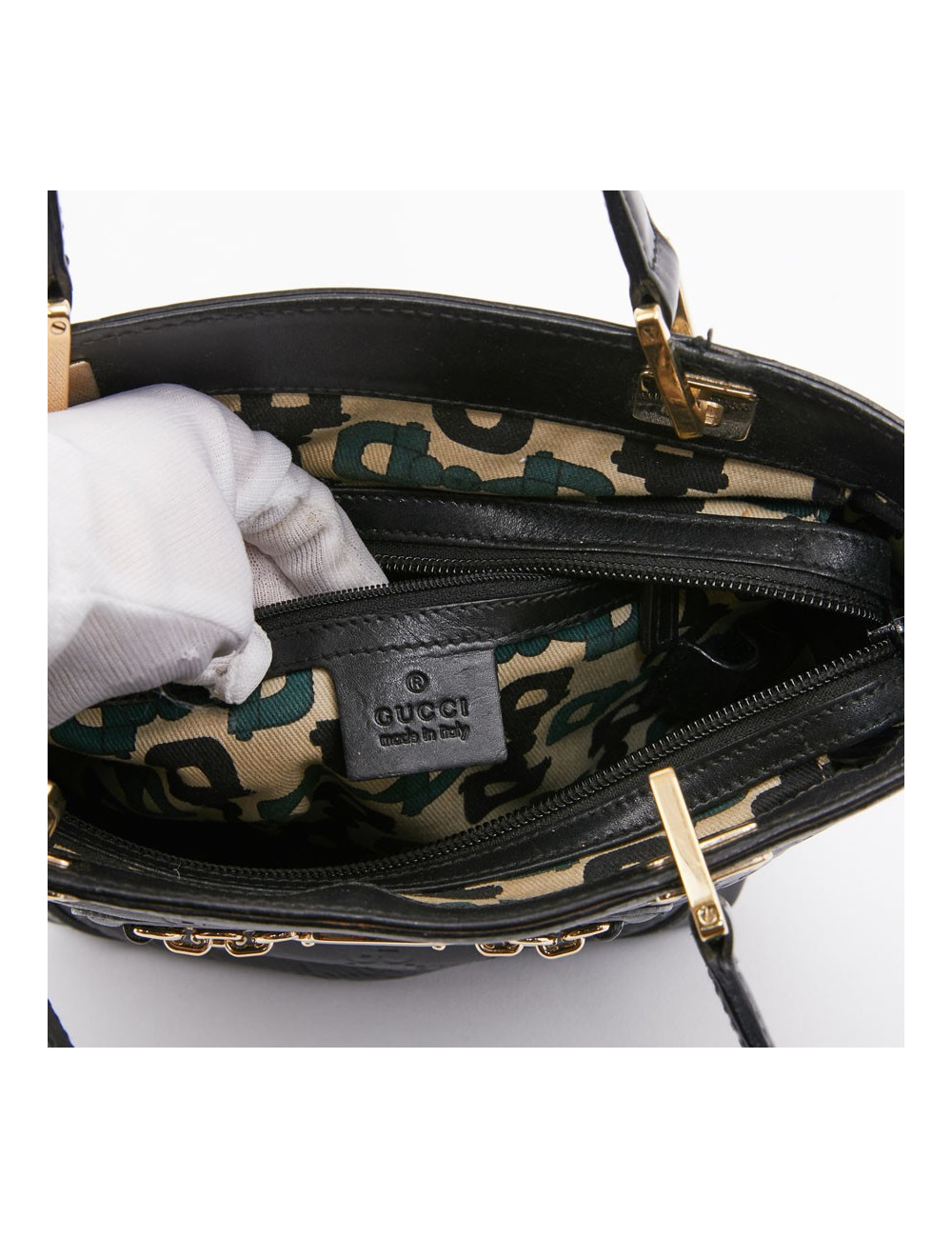 Sac seau GUCCI cuir noir et toile camouflage