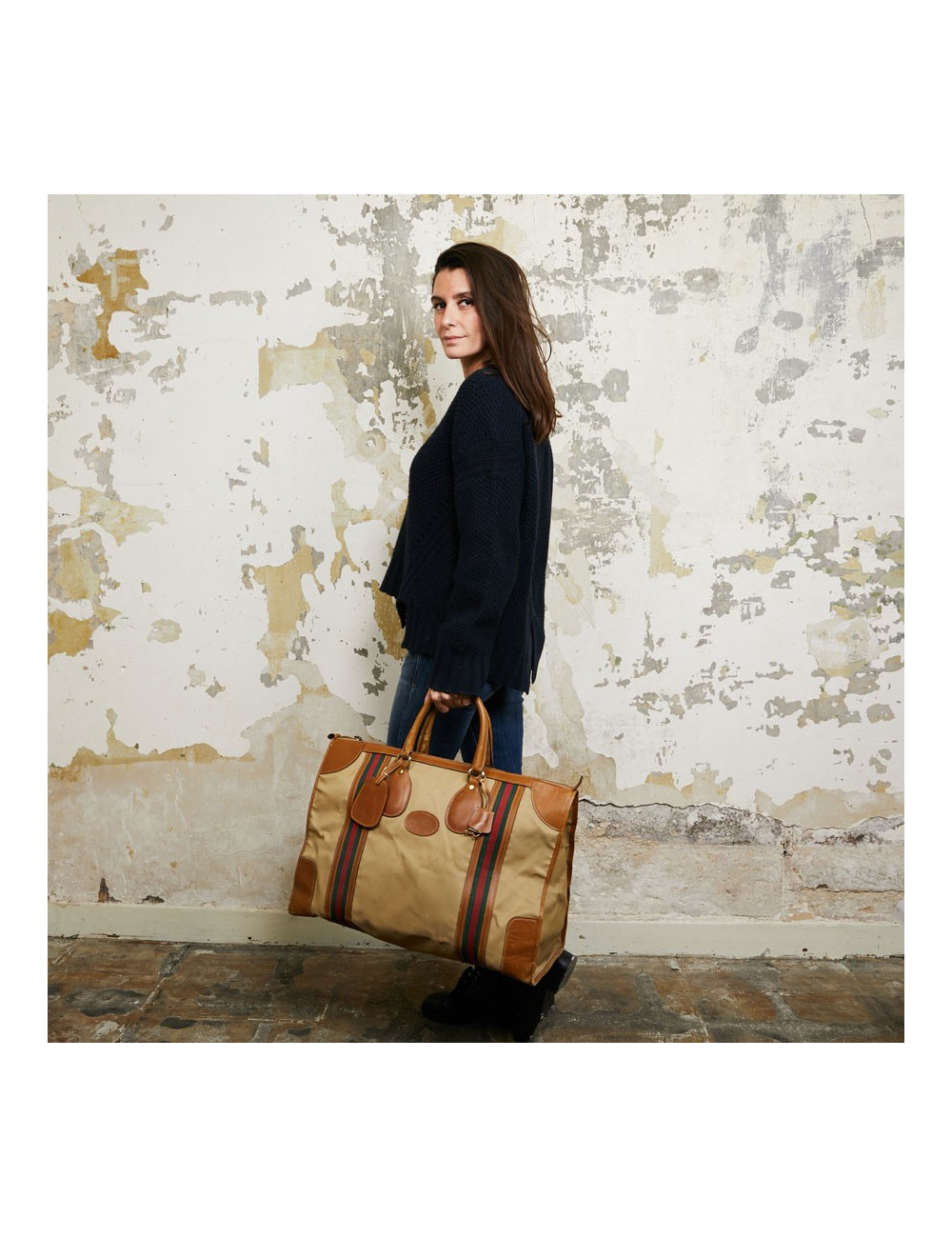 Sac Weekender GUCCI vintage toile et cuir beige