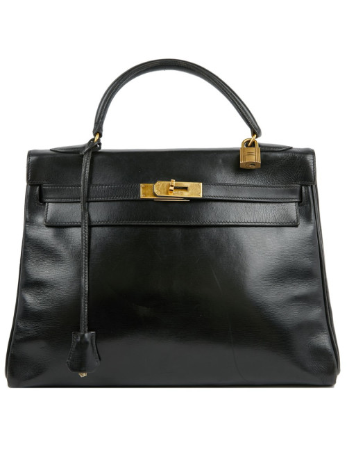 Sac Kelly 32 HERMES cuir box noir Vintage