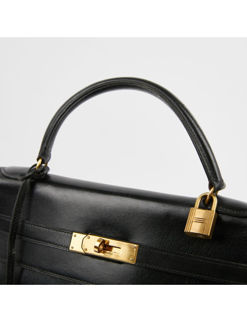 Sac Kelly 32 HERMES cuir box noir Vintage
