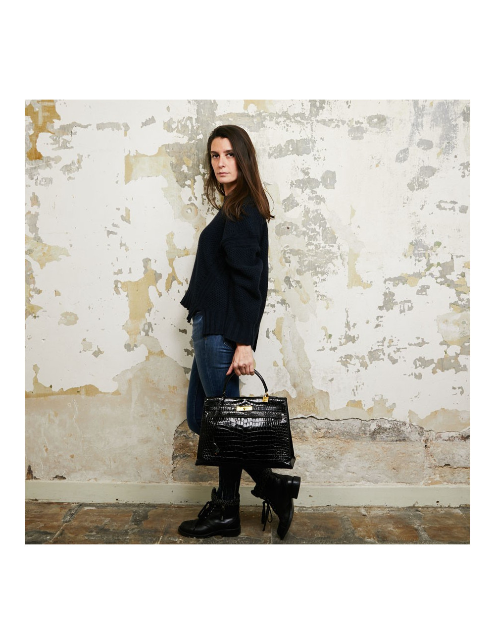 Sac Kelly crocodile HERMES porosus noir