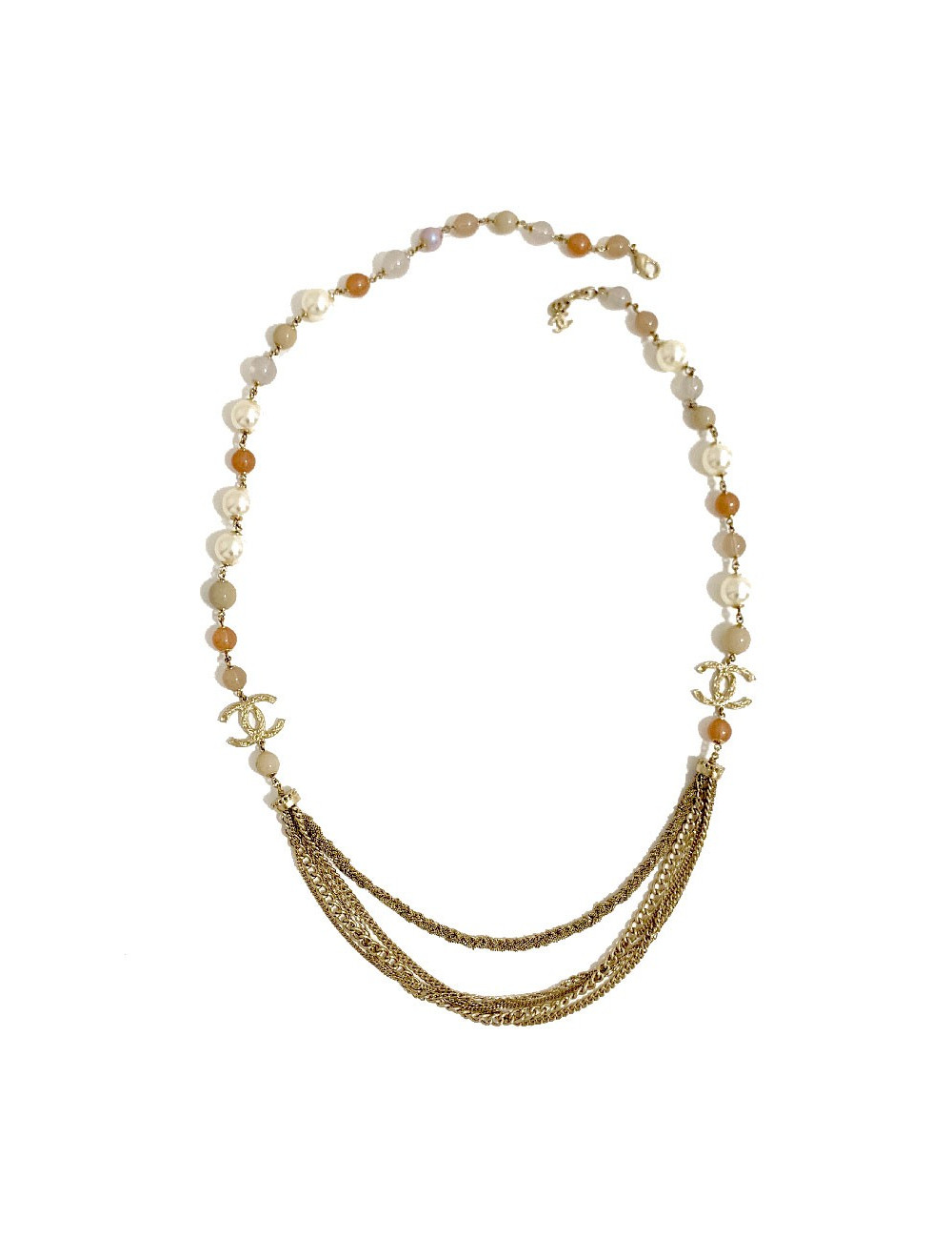 Sautoir CHANEL multichaines perles nacrées rose et transparent 