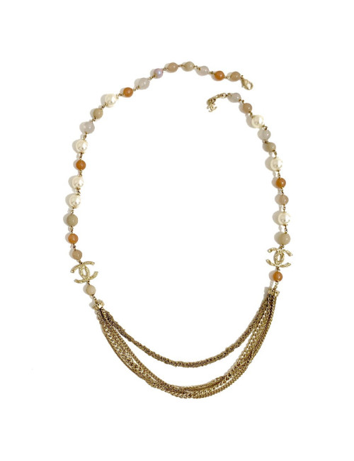 Sautoir multichaines  CHANEL perles nacrées rose  et transparent 