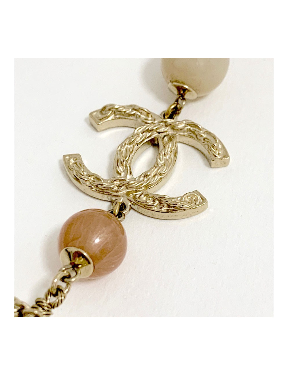 Sautoir CHANEL multichaines perles nacrées rose et transparent 